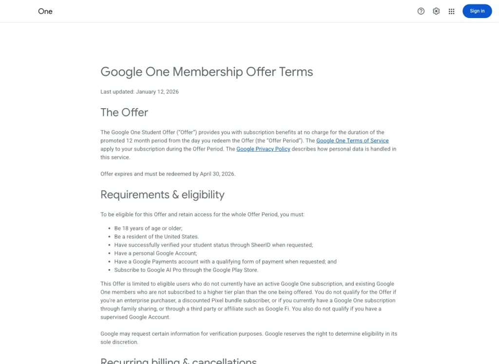 Les conditions de l'offre Google One réservée aux étudiants prévoient une durée de 12 mois, une date limite d'utilisation fixée au 30 avril 2026, la condition d'être résident aux États-Unis, une vérification via SheerID, la possession d'un compte Google personnel et la souscription à Google Play.