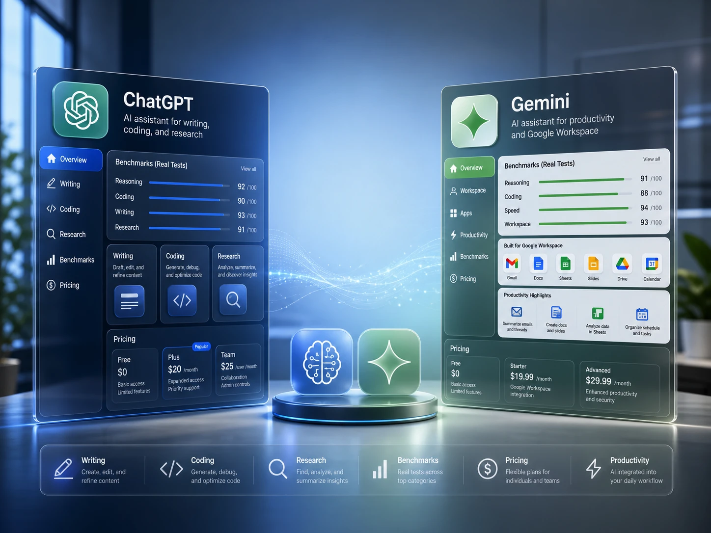 hero image for an article titled “ChatGPT vs Gemini”.