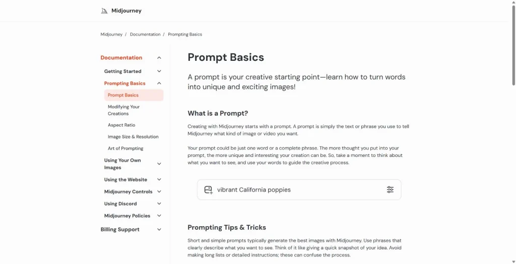 Midjourney prompt basics documentation