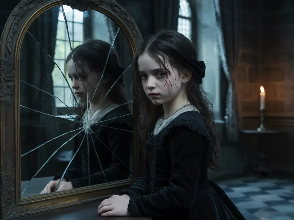AI portrait with a cracked mirror used to inspect reflected pose and lighting