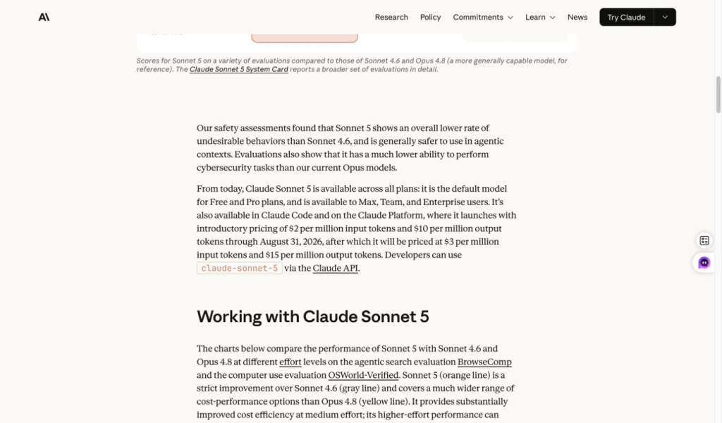 Official source: Anthropic frames Claude Sonnet 5 as available across plans, Claude Code, and Claude Platform.