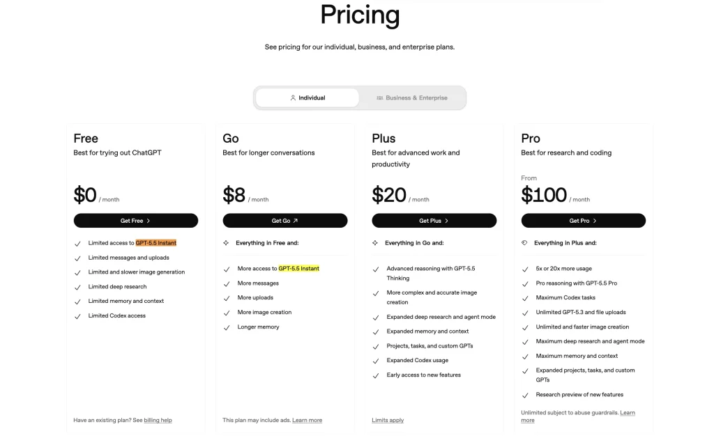 Official source: ChatGPT plan cards show how GPT-5.5 access differs by plan.