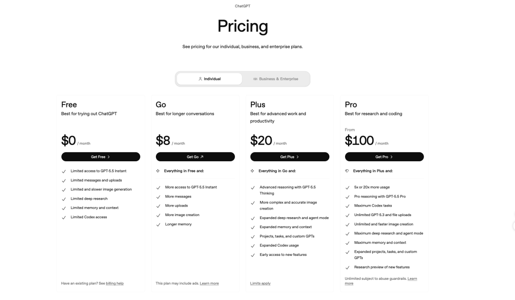 Official ChatGPT pricing page showing Free Go Plus and Pro plan options with monthly prices