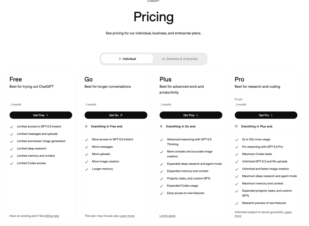 OpenAI는 ChatGPT 이용권을 ‘무료’, ‘Go’, ‘Plus’, ‘Pro’ 요금제로 구분하고 있으며, ‘Pro’ 요금제는 보다 집중적인 연구 및 코딩 작업에 적합하도록 설계되었습니다.