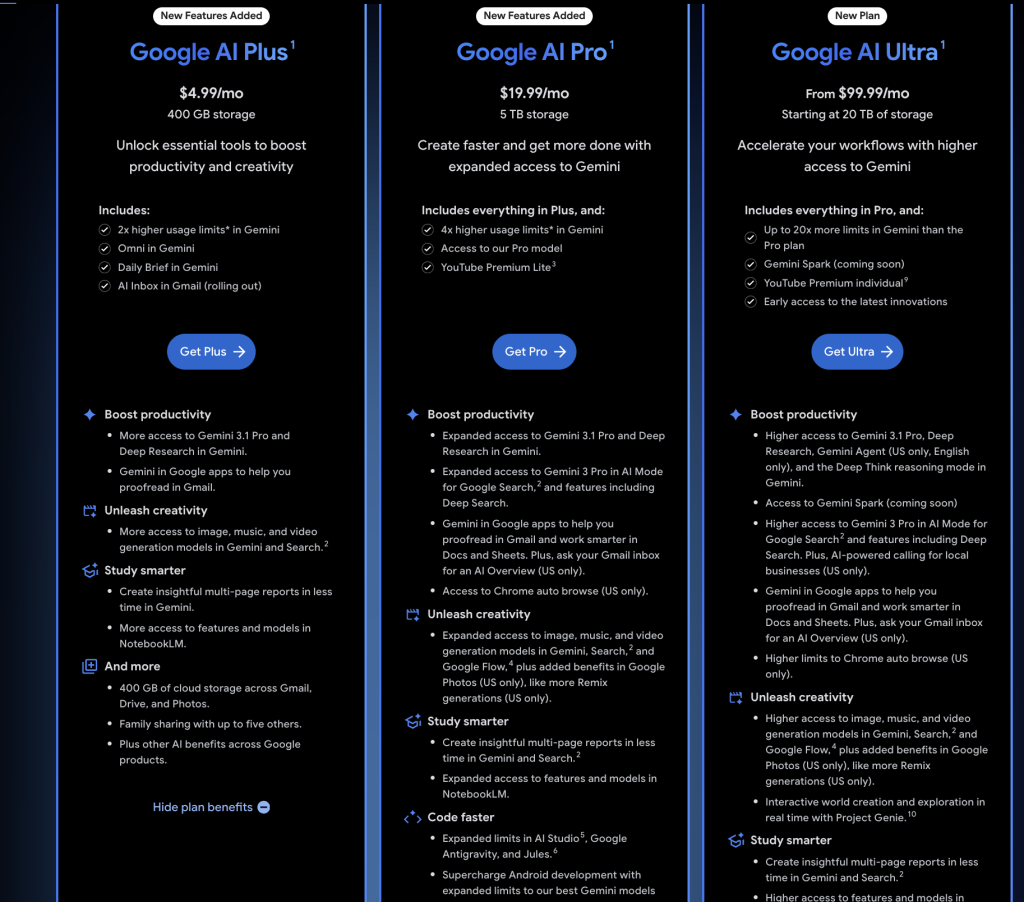 Google AI plans pricing page showing Google AI Pro and Ultra plan options