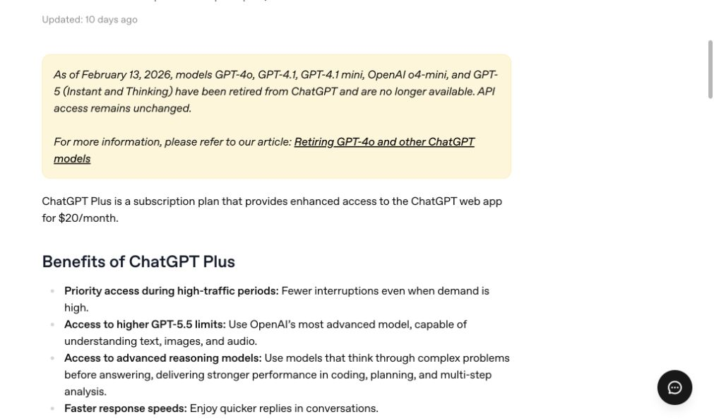 OpenAI는 ChatGPT Plus를 GPT-5.5 사용 한도가 더 높고 제공되는 도구가 확대된 ‘월 $20’ 요금제로 설명하고 있습니다.