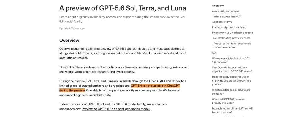 OpenAI help page explaining GPT-5.6 limited preview and ChatGPT availability