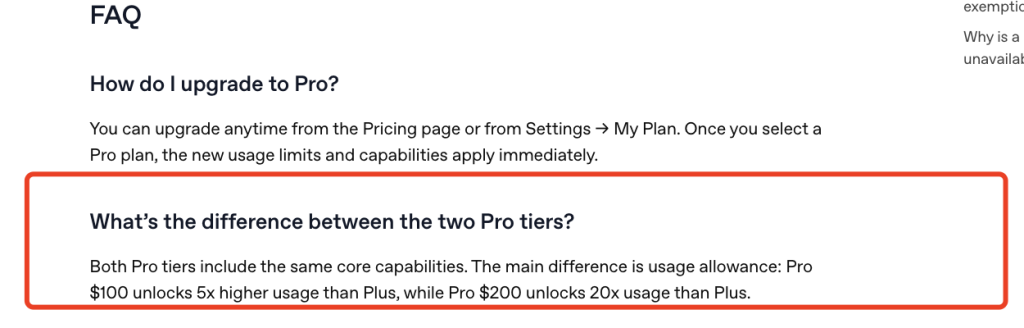 OpenAI의 Pro FAQ에 따르면, $100 및 $200 Pro 티어는 동일한 핵심 기능을 제공하지만, 사용 한도는 서로 다릅니다.
