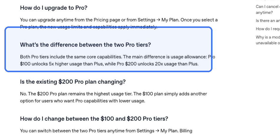 Ambos os planos Pro compartilham os mesmos recursos básicos; o $100 oferece 5× de uso do Plus e o $200 oferece 20×.
