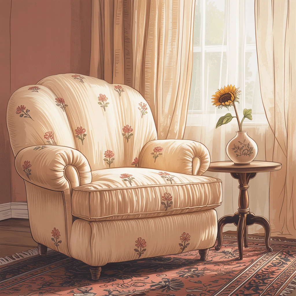 Stylized armchair scene generated from a vague cozy-room prompt