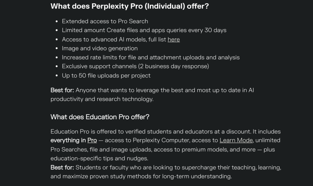 Perplexity Pro and Education Pro subscription benefits