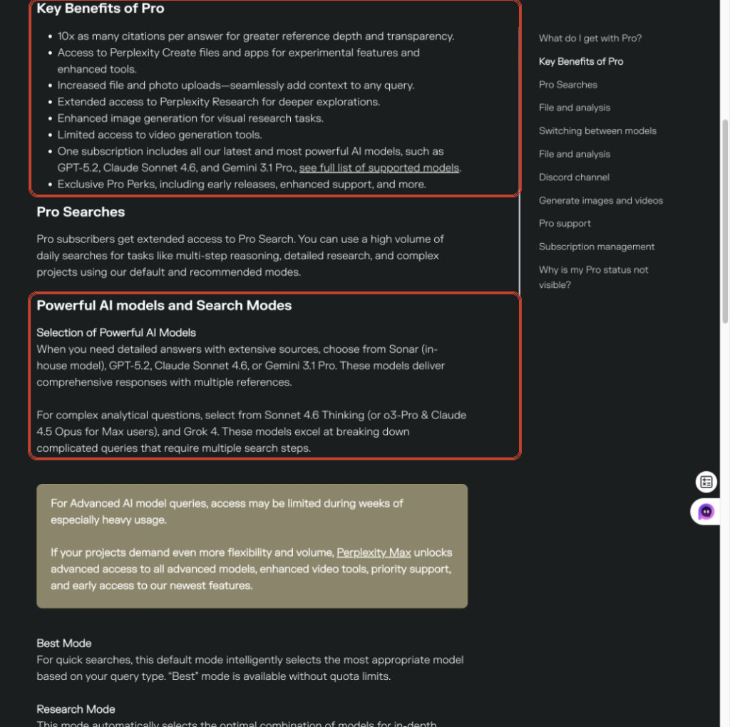 Halaman bantuan Pro Perplexity mencantumkan contoh-contoh model terkini dan menyebutkan bahwa akses ke model tingkat lanjut dapat dibatasi selama periode penggunaan yang padat. Diperiksa pada 5 Agustus 2026.