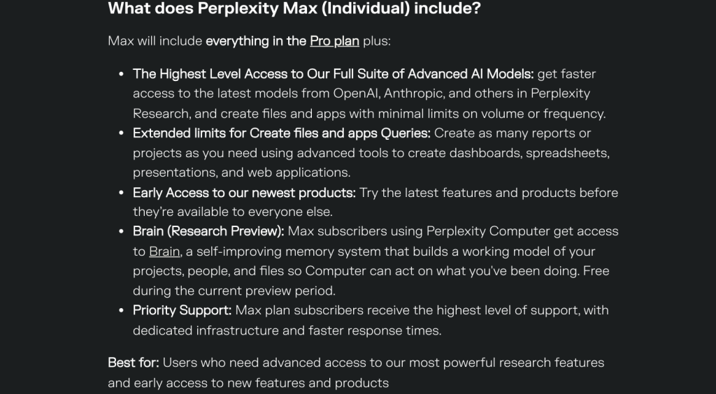 Perplexity Max individual plan benefits