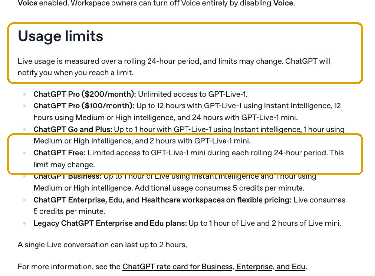 O Free Voice utiliza o GPT-Live-1 mini dentro de um limite variável, renovado a cada 24 horas. Verificado em 5 de agosto de 2026.
