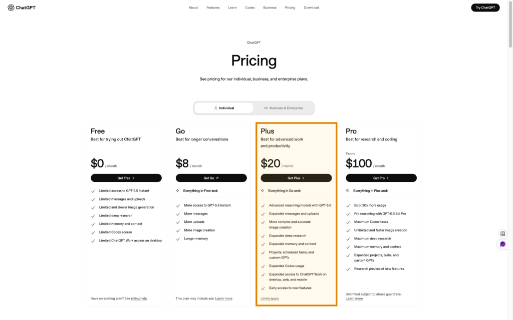 公開されているChatGPTの料金表には、Free $0、Go $8、Plus $20、およびPro(月額$100から)が記載されています。これらの料金はプラン比較用のものであり、ドイツのユーロ建て決済総額の証明ではありません。 2026年8月5日にキャプチャ。.