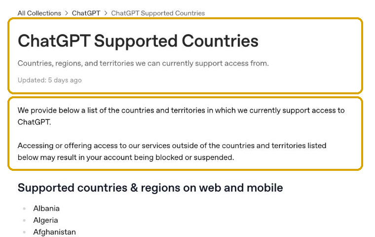 O OpenAI mantém uma lista de países e territórios para acesso ao ChatGPT na web e em dispositivos móveis. Verificado em 5 de agosto de 2026.