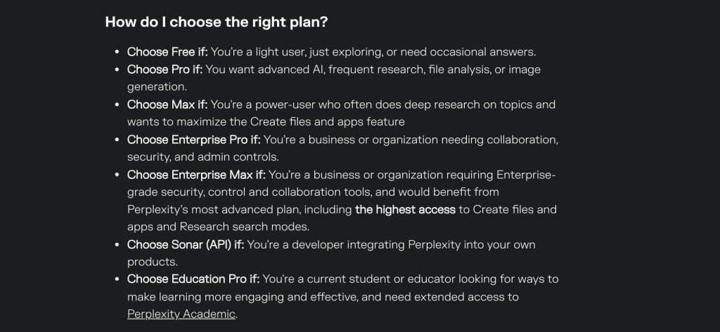 Perplexity guide for choosing the right plan
