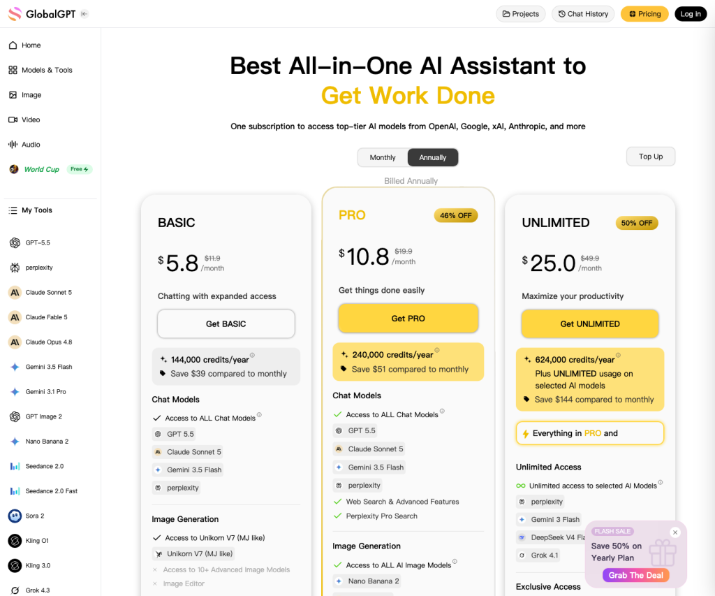 GlobalGPT packages multiple AI models and tools under bundled plans, which can make sense when Nano Banana Pro is only one part of the workflow.
