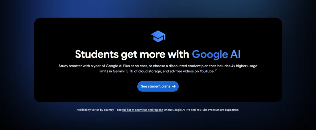 Oferta oficial de Google One para estudiantes: un año de AI Plus sin coste alguno, además de una opción con descuento para estudiantes. La disponibilidad varía según el país.