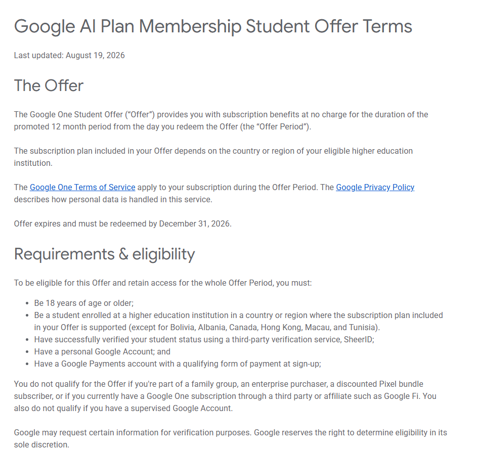 Las condiciones oficiales de Google especifican un plazo de 12 meses, un plan que varía según la región, la verificación de la condición de estudiante y la fecha límite para canjear la oferta.