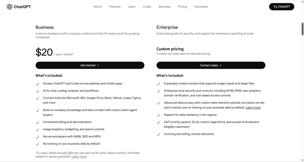 price of ChatGPT business and enterprise plan