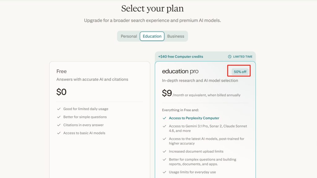 students and educators can get 50% off Perplexity Pro,