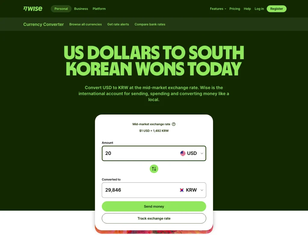 Tampilan konverter Wise pada 13 Juli 2026: $20 dikonversi menjadi ₩29.846 sebelum pajak atau penyesuaian saat pembayaran.