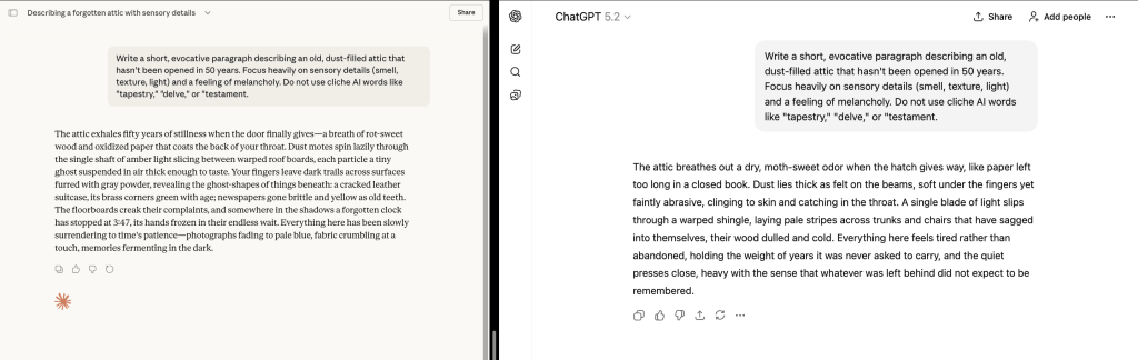 Historical writing comparison using one shared prompt in a Claude interface and a ChatGPT interface