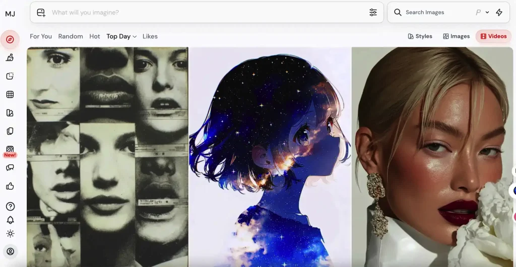 Espaço de trabalho para geração de imagens Midjourney e resultados gerados