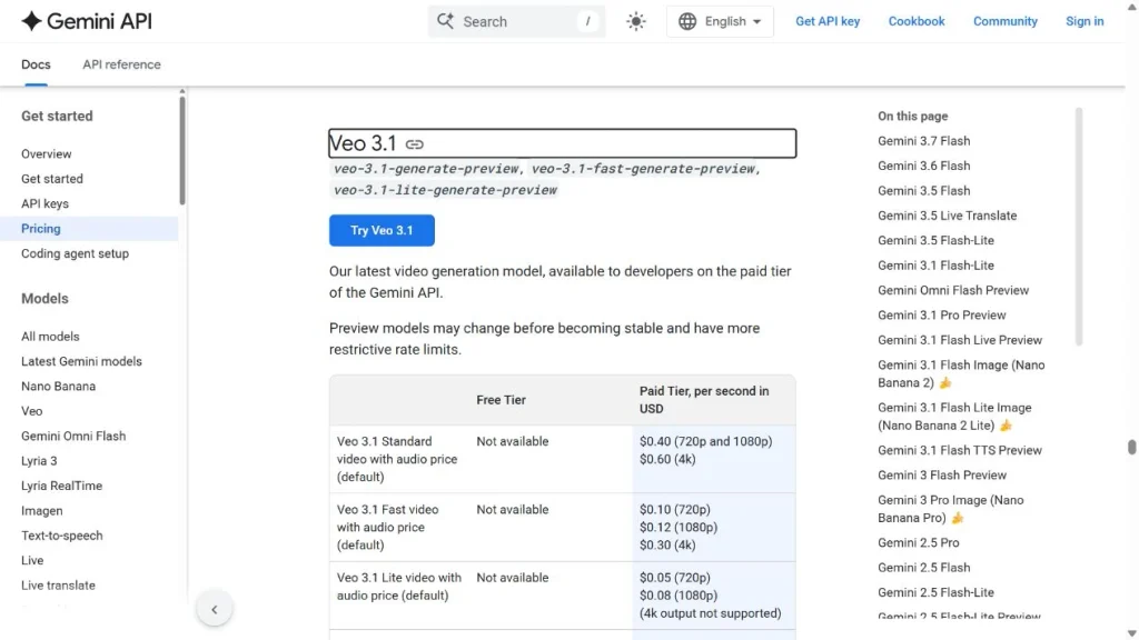 Tableau officiel des tarifs de l'API Gemini pour les versions Veo 3.1 Standard Fast et Lite