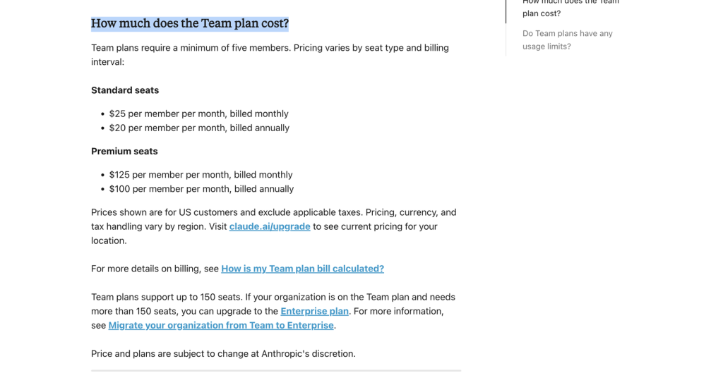 Prezzi del piano "Claude Team" con postazioni Standard e Premium e un numero minimo di cinque membri