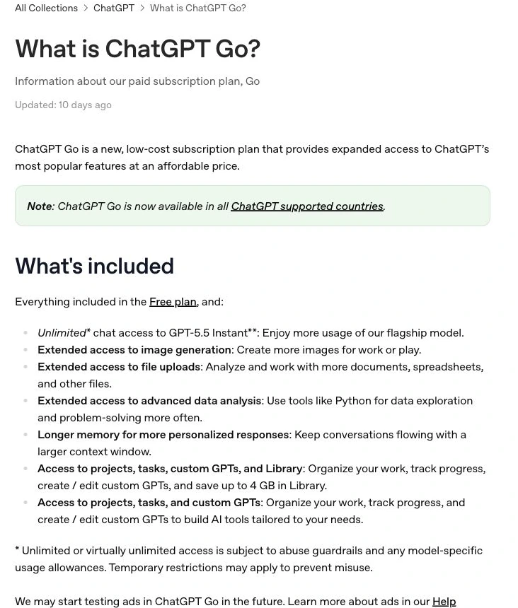OpenAI describes ChatGPT Go as a lower-cost paid tier with expanded access to common ChatGPT features.