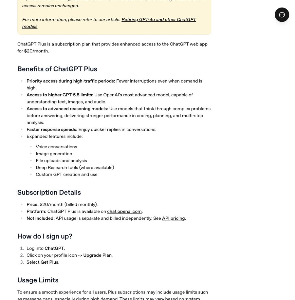 OpenAI lists ChatGPT Plus at $20/month with higher limits and expanded access to advanced tools.