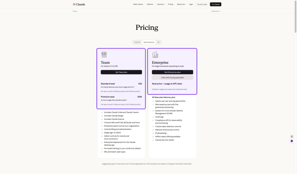 Claude Team supports 2 to 150 people. The self-serve Enterprise offer lists a $20 seat price plus usage at API rates.
