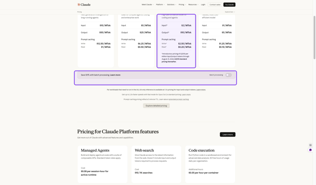 Sonnet 5 is $2 per million input tokens and $10 per million output tokens through August 31, 2026, then moves to $3 and $15. The same page also lists selected platform feature costs.