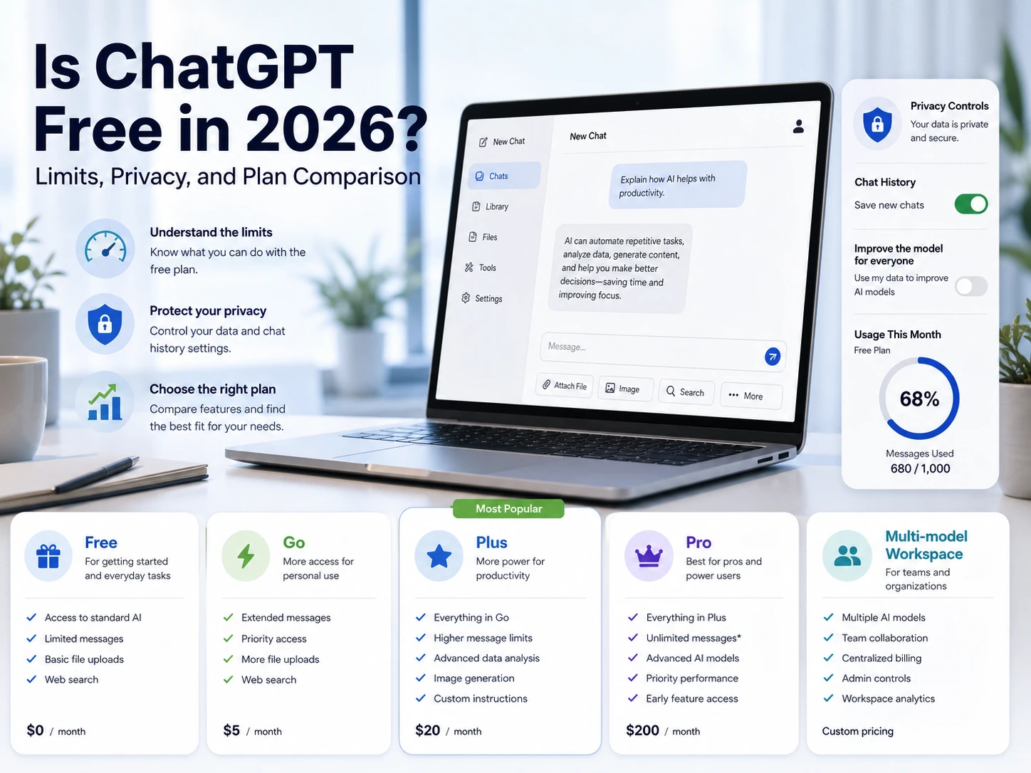 hero image for an article titled “Is ChatGPT Free in 2026? Limits, Privacy, and Plan Comparison”.