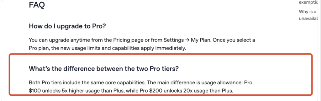 OpenAI's Pro FAQ explains that the $100 and $200 Pro tiers mainly differ by usage allowance.