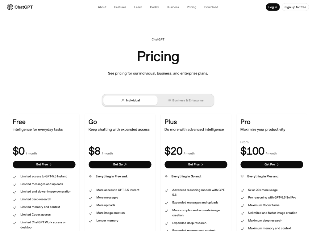 The pricing page separates Free, Go, Plus, and Pro by usage level and image-generation positioning.
