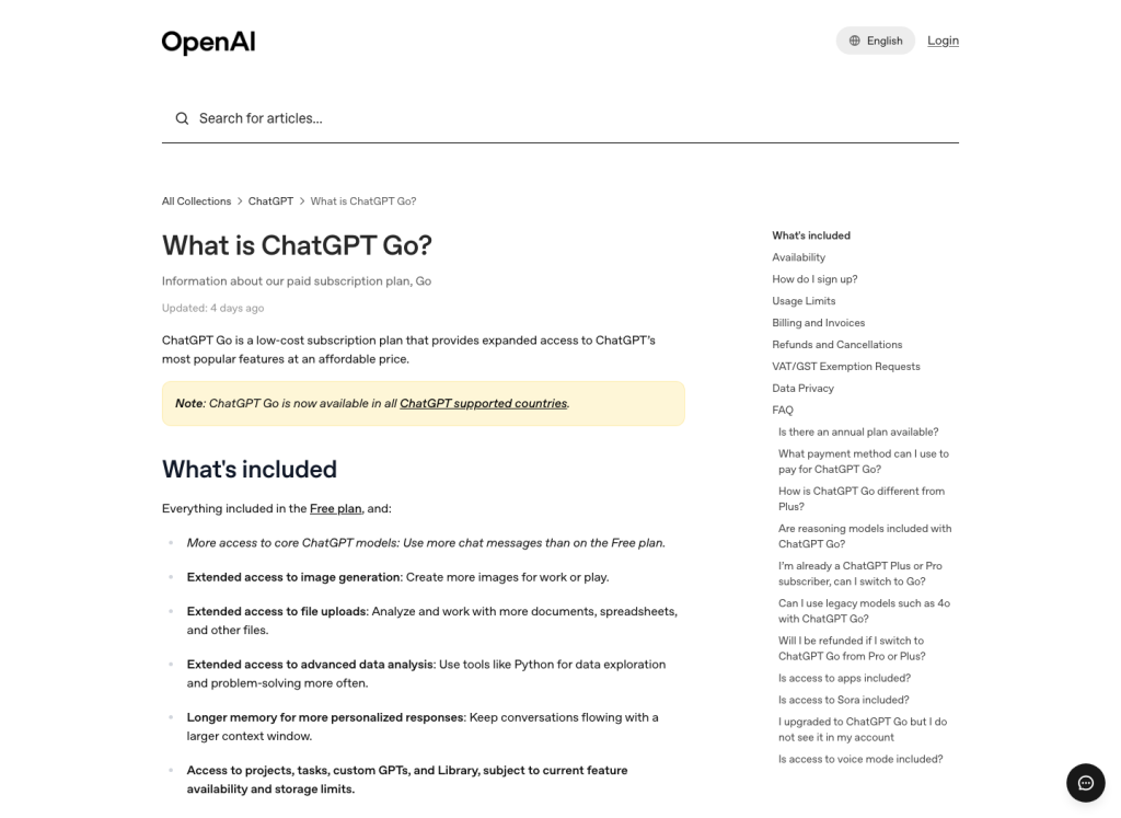 OpenAI describes ChatGPT Go as expanded access with extended image generation, file uploads, and other core features.