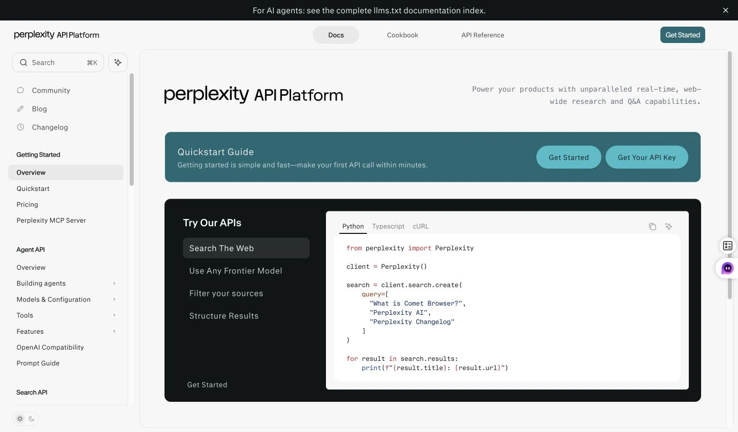 Dokumentasi API Perplexity yang menampilkan opsi integrasi pencarian dan penelitian.