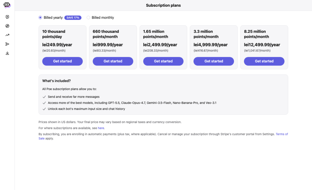 Poe remains a strong multi-model marketplace, but its subscription page is organized around points rather than a single flat usage promise.
