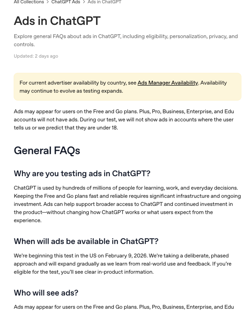 OpenAI says ads may appear for users on Free and Go plans during testing.