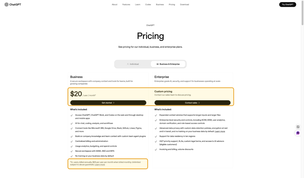 OpenAI listed Business at $20 per user per month when billed annually, or $25 monthly, for at least two users. Enterprise pricing is custom.