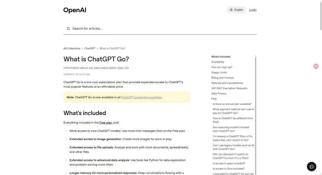 OpenAI Help page saying ChatGPT Go is available in all supported ChatGPT countries