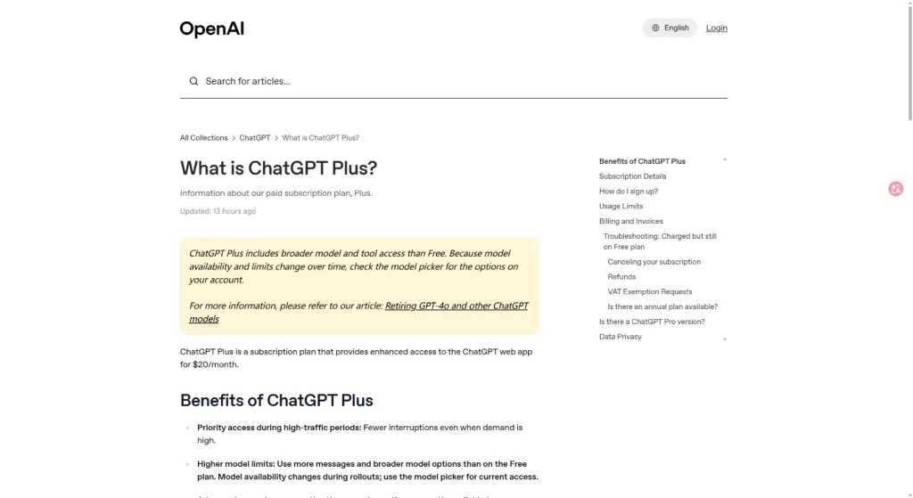 OpenAI Help page showing ChatGPT Plus is priced at 20 dollars per month