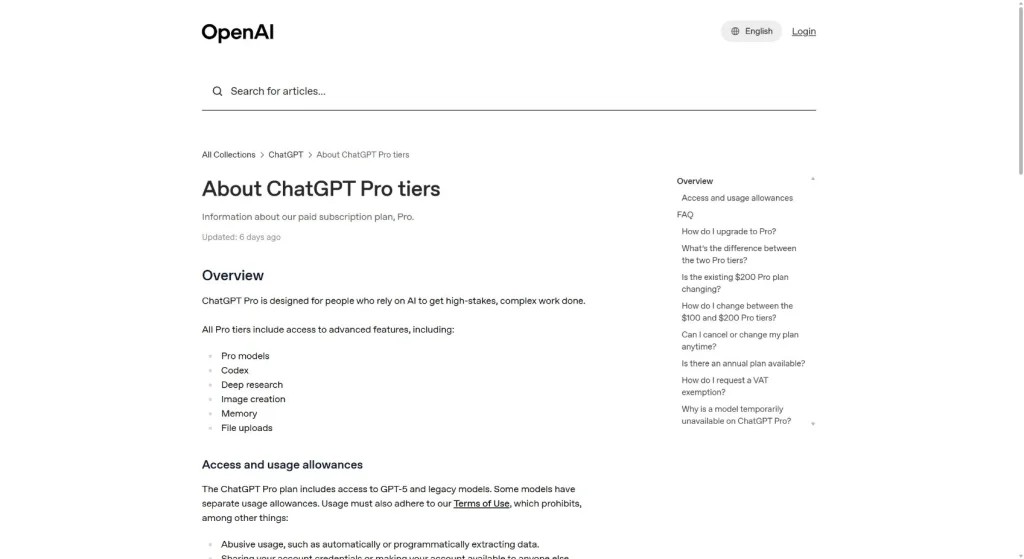 OpenAI Help page describing 100 dollar and 200 dollar ChatGPT Pro tiers