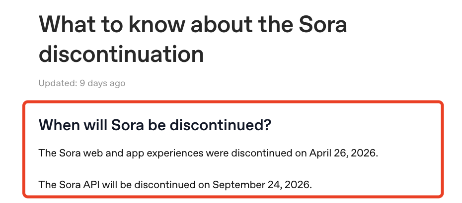 OpenAI states that Sora web and app experiences were discontinued on April 26, 2026, with Sora API discontinuation set for September 24, 2026.