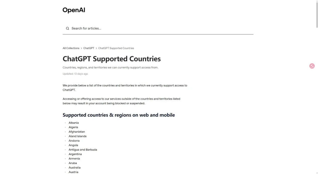 OpenAI supported countries page with Nigeria listed
