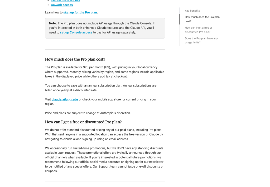 Claude Pro help page showing the 20 dollar monthly price and no standard discounted pricing