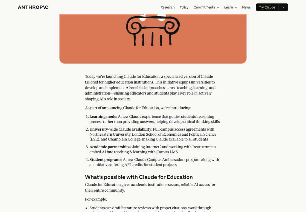 Anthropic frames Claude for Education around higher education, Learning mode, university-wide access, and academic partnerships.